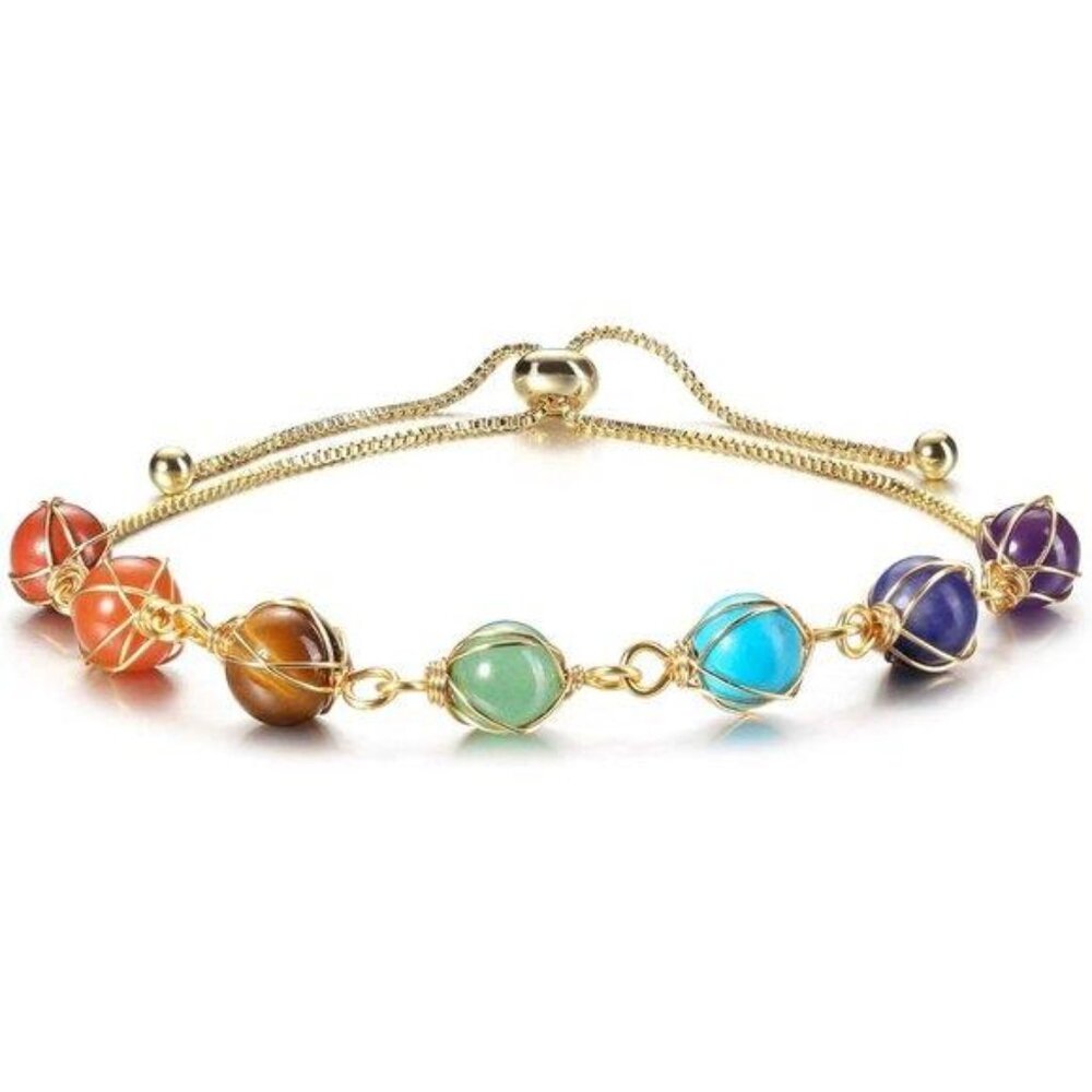 7 Chakra Stones Bracelets for Women Adjustable 14K Gold Wire Wrapped 8mm Natural